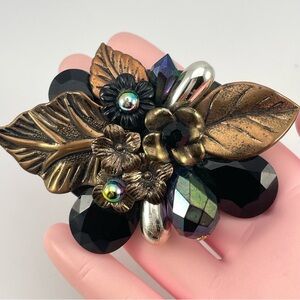 Vintage inspired Bold Floral Leaf Brooch with Acrylic Beads & Iridescent Accents
